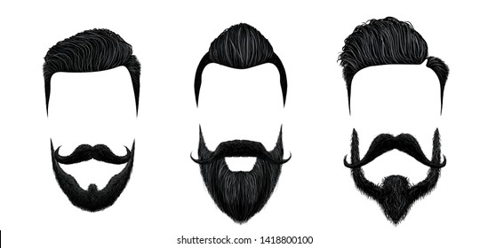 Men hair and moustache styling. Vintage gentleman haircut, beauty beard and fashion mustaches styles vector illustration set