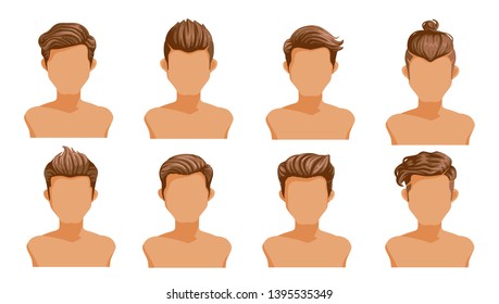 Men hair. Set of men cartoon hairstyles. Collection of fashionable stylish types.Vector illustration isolated on white background.