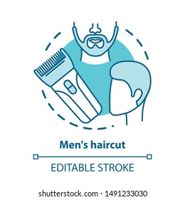 Men haircut blue concept icon. Barbershop idea thin line illustration. Hair care and treatment. Hairdresser salon equipment, hairstylist tools. Vector isolated outline drawing. Editable stroke