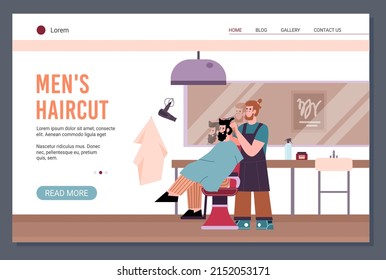 Men Haircut Salon Website-Interface mit Barber und Client-Zeichen, flache Cartoon Vektorgrafik. Web-Banner-Vorlage für Männer Beauty-Dienstleistungen.