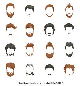  Men hairstyle icons set with beard and moustache flat isolated vector illustration 