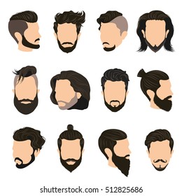 Men hairstyle icons set with beard and moustache flat isolated vector illustration 