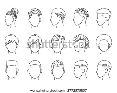 Men hairstyles diversity vector linear icon set for barbershop branding and male grooming catalog presentation