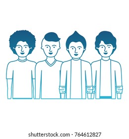 men in half body with casual clothes with short hair and hairstyles different in degraded blue silhouette