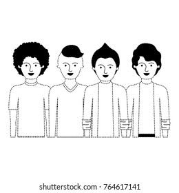 men in half body with casual clothes with short hair and hairstyles different in black dotted silhouette