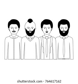 men in half body with casual clothes with short hair and some with beard and moustache in black dotted silhouette