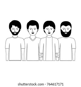 men in half body with casual clothes with short hair and some with beard in black dotted silhouette