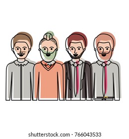 men in half body with casual clothes with short hair and some with beard and moustache in watercolor silhouette