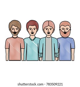 men in half body with casual clothes with short hair and some with beard in colored crayon silhouette