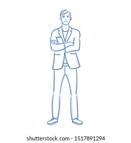 Men Hand drawn blue outline. Young man businessman in an office suit Full length stands. Line art cartoon vector illustration.