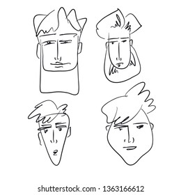 Men hand drawn illustrations set. Male vector outline characters pack. Various boys, hipsters with beards heads sketch. Stylish, fashionable guys faces monochrome scribble drawings collection