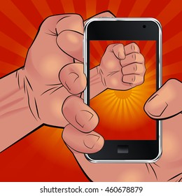 Men hand holding mobile phone and picturing beautiful red and yellow sunrise in the way like he is holding rising sun. Can be used for logos, print products, page and web decor. Vector illustration.