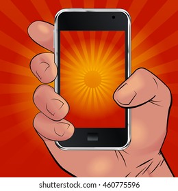 Men hand holding mobile phone and picturing beautiful red and yellow sunrise. Can be used for logos, print products, page and web decor or other design. Vector illustration.