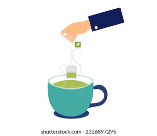 Los hombres tienen la mano sosteniendo bolso de té y sumergiendo té verde en una taza Buen comienzo en la mañana antes de empezar el día de trabajo