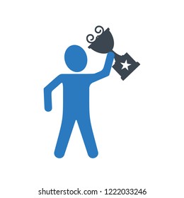 Men hand holding a trophy icon blue