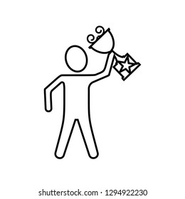 Men hand holding a trophy icon - Linear black icon vector