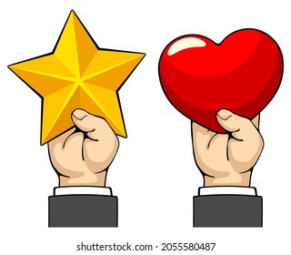 Men hand holds golden star and red heart. Rating signs, users or customers feedback concept. Set of hand drawn design elements. Vector illustration. 