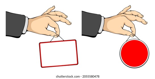 Men hand holds rectangle and circle form signs on the cord. Set of hand drawn design elements with place for text. Vector illustration. 