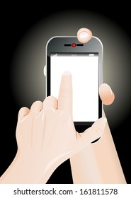 Men hand point on blank smartphone. 