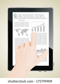 Men Hand touch screen on tablet pc with business news. 