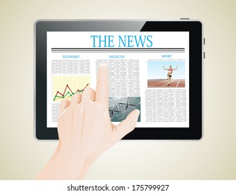 Men Hand touch screen on tablet pc with business news. 