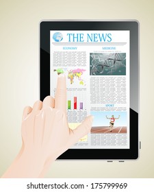 Men Hand touch screen on tablet pc with business news. 
