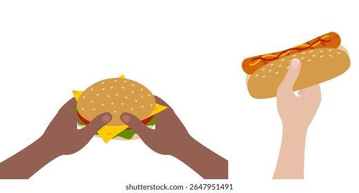 Men Hands Hold Burger with vegetables and cheese and Hot Dog in female hand Fast food Themes Design