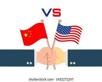 men hands holding american and chinese flags. China vs USA concept