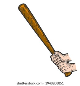 Men hands are holding a baseball bat. Sketch scratch board imitation color.
