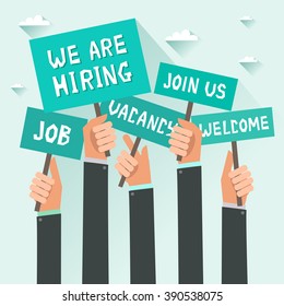 Men hands holding signs with text Vacancy, Job, We are hiring, Join us, Welcome. Vector colorful illustration in flat design