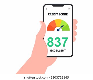 Men hands holding smartphones with credit score app on the screen Credit score concept.