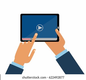 Men Hands holds  tablet screen . Video player application on your tablet  screen. Video.