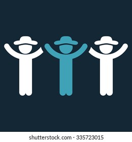 Men Hands Up Roundelay vector icon. Style is bicolor flat symbol, blue and white colors, rounded angles, dark blue background.