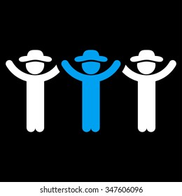Men Hands Up Roundelay vector icon. Style is bicolor flat symbol, blue and white colors, rounded angles, black background.