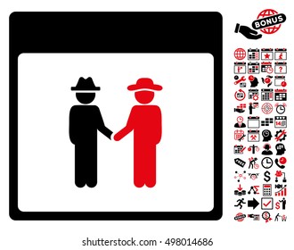 Men Handshake Calendar Page icon with bonus calendar and time management pictograms. Vector illustration style is flat iconic symbols, intensive red and black, white background.