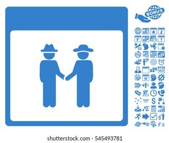 Men Handshake Calendar Page icon with bonus calendar and time management symbols. Vector illustration style is flat iconic symbols, cobalt, white background.