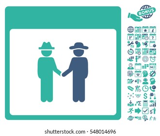 Men Handshake Calendar Page icon with bonus calendar and time management design elements. Vector illustration style is flat iconic symbols, cobalt and cyan, white background.
