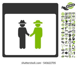 Men Handshake Calendar Page pictograph with bonus calendar and time management symbols. Vector illustration style is flat iconic symbols, eco green and gray, white background.