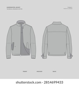 MEN HARRINGTON JACKET TECHNICAL DRAWING VECTOR FLAT SKETCH FRONT BACK
