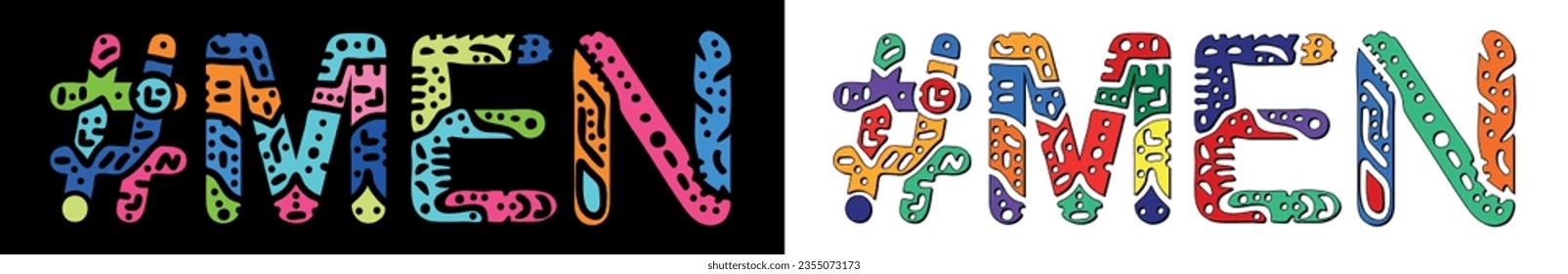 Etiqueta de HOMBRES. Las letras de doodle de curvas aisladas brillantes multicolores. La popular etiqueta de moda #MEN para imprimir, folleto, pancarta, volante. Vector de material.