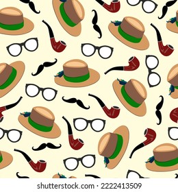 Men hat, smoking pipe, glasses, mustache seamless pattern. Light yellow background. Fabric, textile, print or wrapping paper. Gentleman accessories.