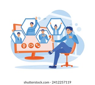Men have online meetings with friends and family at home. Party online with friends. Virtual Relationships concept. Flat vector illustration.