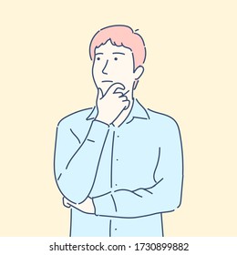 Los hombres tienen preguntas. Ilustración vectorial de dibujos animados planos en un concepto moderno.