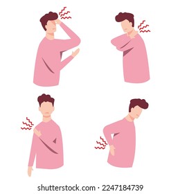 The men having different types of ache and pain vector illustration on white background. The symptoms of office syndrome, headache and the inflammation of neck, shoulder and back muscles.