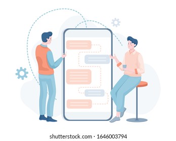 Men having discussion about mobile app developing vector flat illustration. IT specialists building applications and sites, working on business processes. Marketing, online advertising concept.