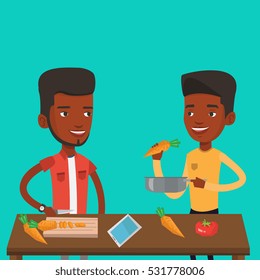 Men having fun cooking together healthy meal. Young smiling men preparing vegetable meal. An african-american happy men cooking healthy vegetable meal. Vector flat design illustration. Square layout.
