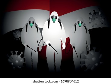 Men in hazmat suits carrying disinfectant sprays with Indonesia flag or insignia as the background. Concept of battle against the coronavirus pandemic