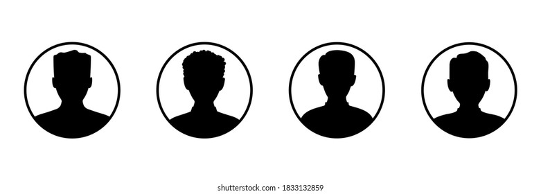 Men head business silhouette icon set. Human black avatar vector in line circle isolated on white. Male profile picture collection illustration.