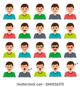 Men Head with Different Emotions Expression Mood set, vector isolated smile color collection.