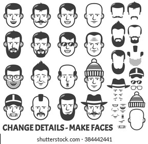 Men head and face constructor. All parts separately - just ungroup them, change the places and have new faces!